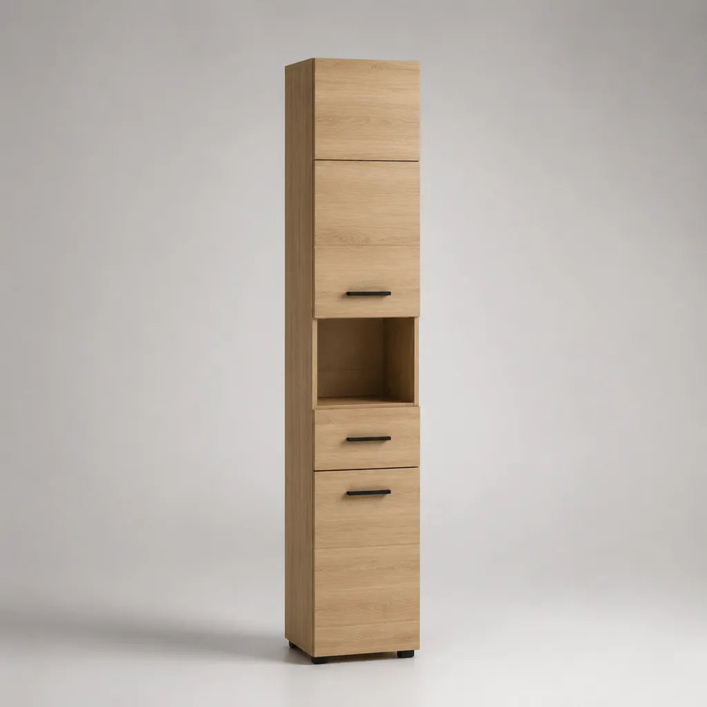 Colonne de salle de bain en panneau de particules mélaminé, 2 portes, 1 tiroir et 1 niche, chêne clair et noir, H 180 × L 30 × P 30 cm