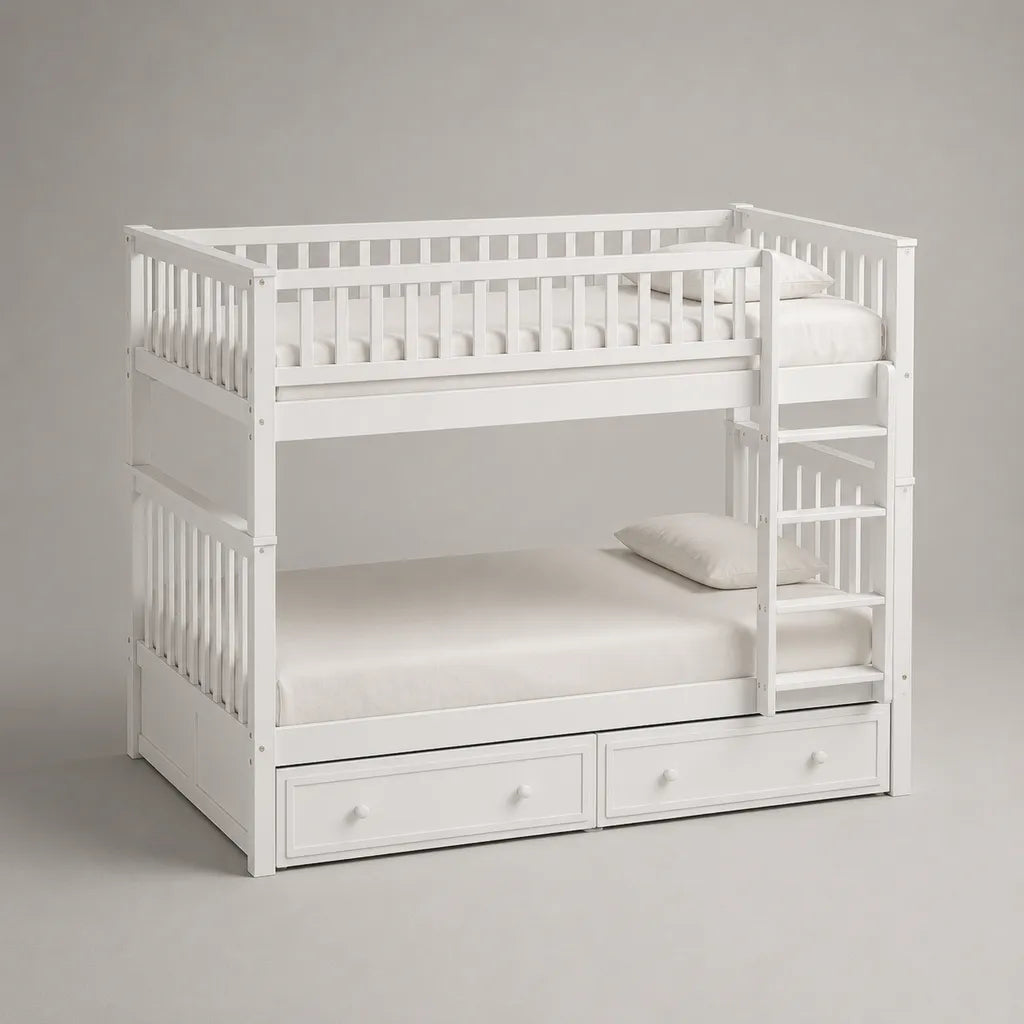 Lit superposé enfant en bois blanc, couchages 90 × 190 cm et 140 × 190 cm, escalier et 2 tiroirs, 198 × 146 × 168 cm