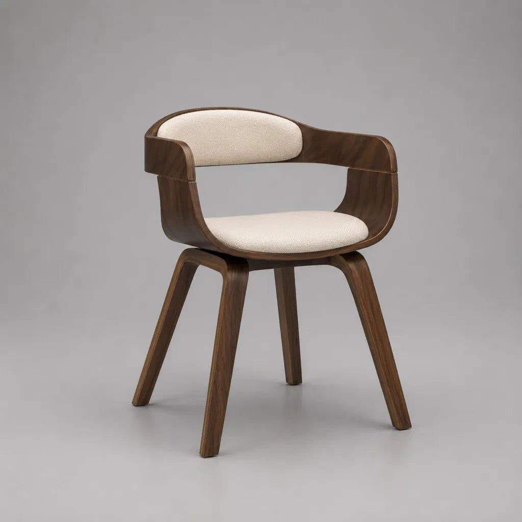 Chaise de salle à manger avec accoudoirs en contreplaqué plaqué noyer et tissu beige, 57 × 54 × 77 cm