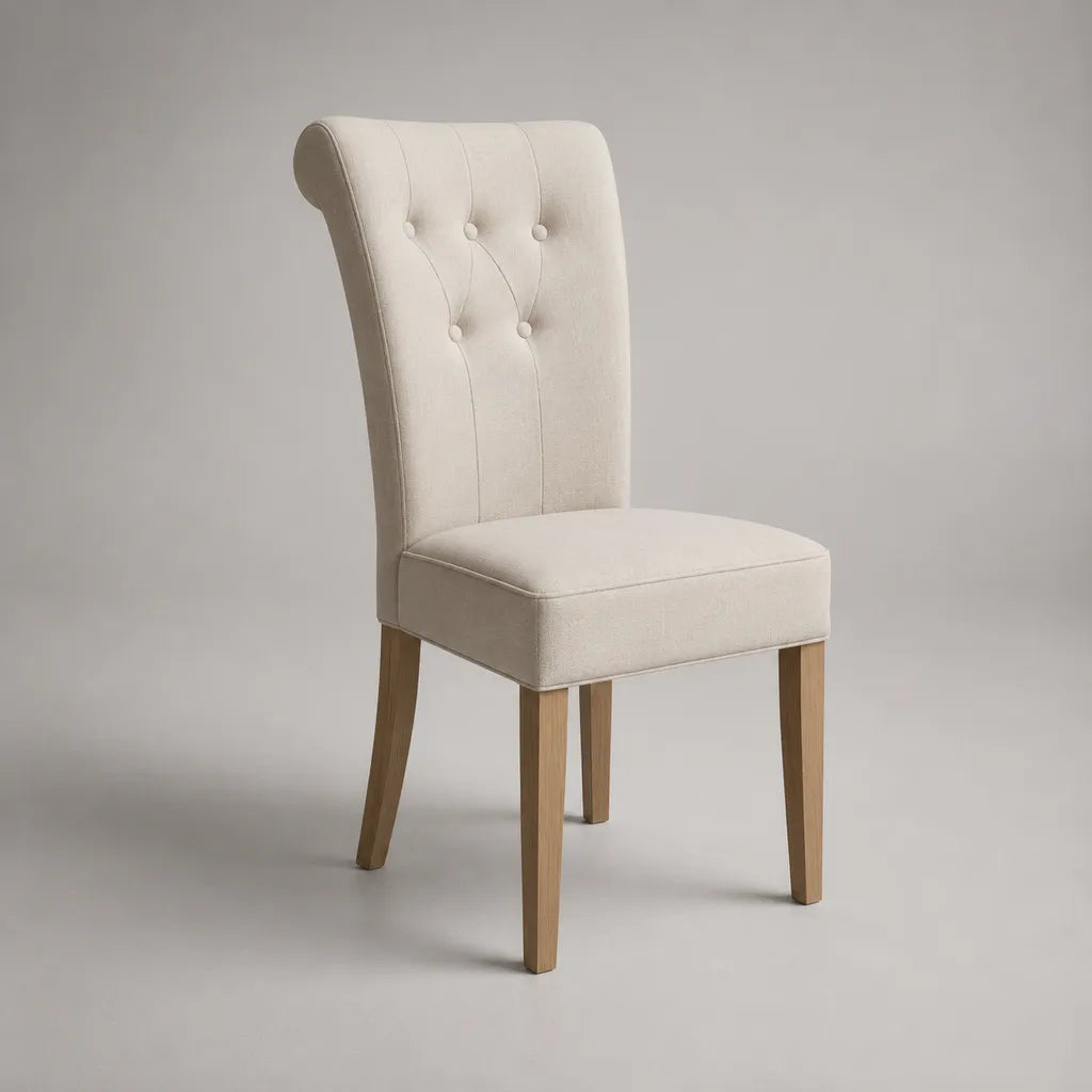Chaise de salle à manger capitonnée en tissu et bois, crème et bois naturel, 48 × 60 × 100 cm