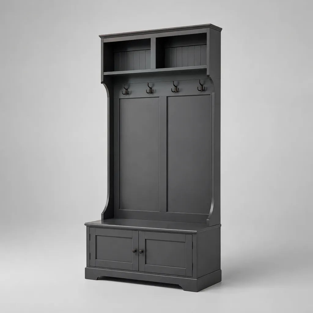 Meuble vestiaire d’entrée avec banc en MDF et acier, 4 patères doubles, 2 casiers et 2 portes, anthracite et noir, 100 × 40 × 190 cm