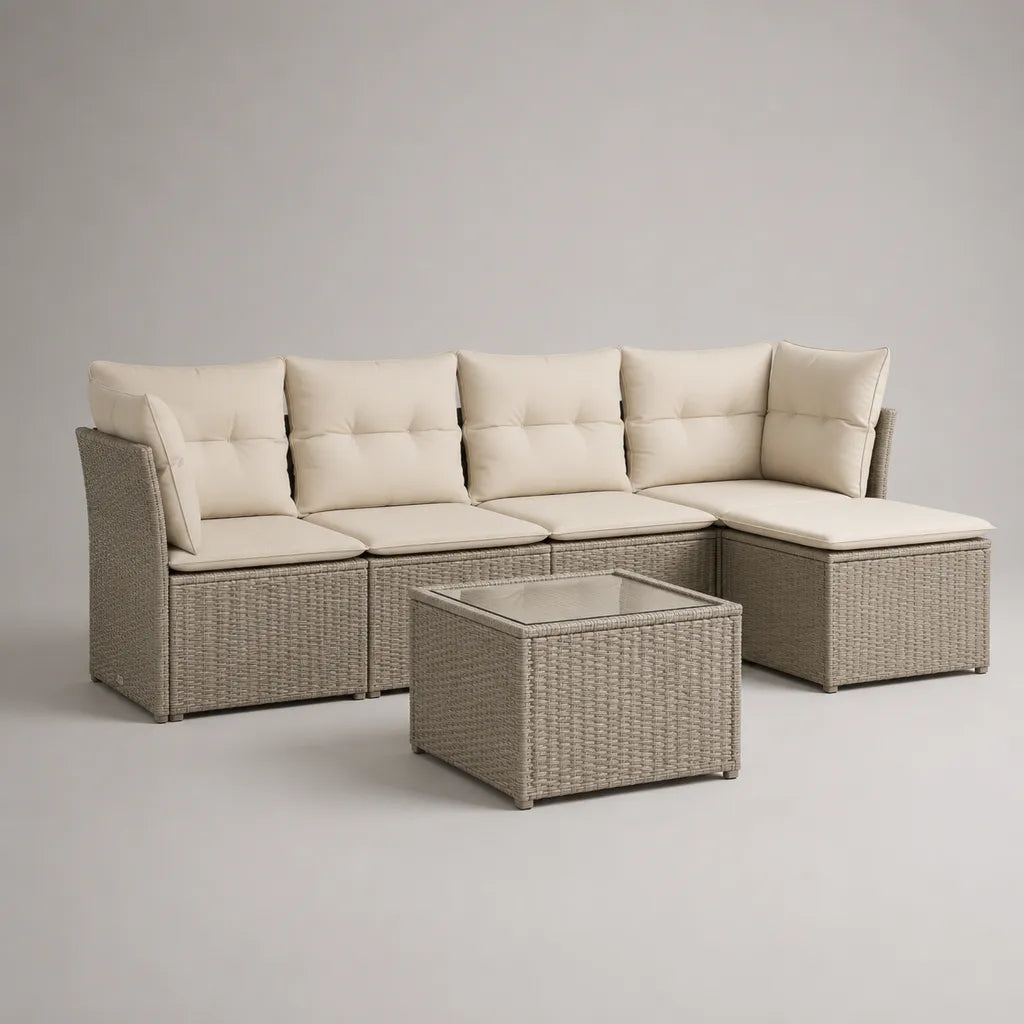 Canapé de jardin d’angle 4 places, ensemble extérieur 5 pièces en résine tressée taupe avec coussins beiges et table basse, 267 × 145 × 85 cm