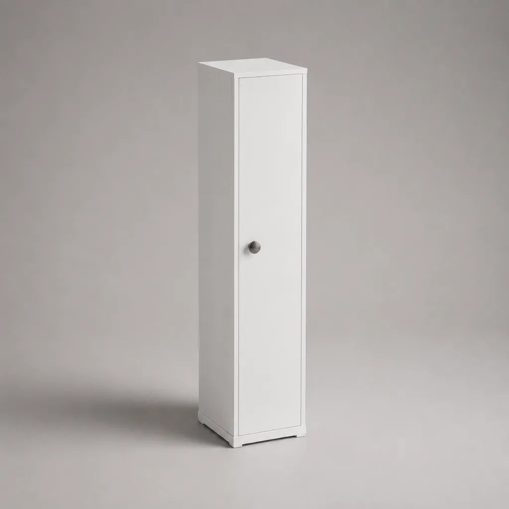 Colonne de rangement rectangulaire en MDF blanc mat avec porte et poignée argentée, 30 × 30 × 170 cm