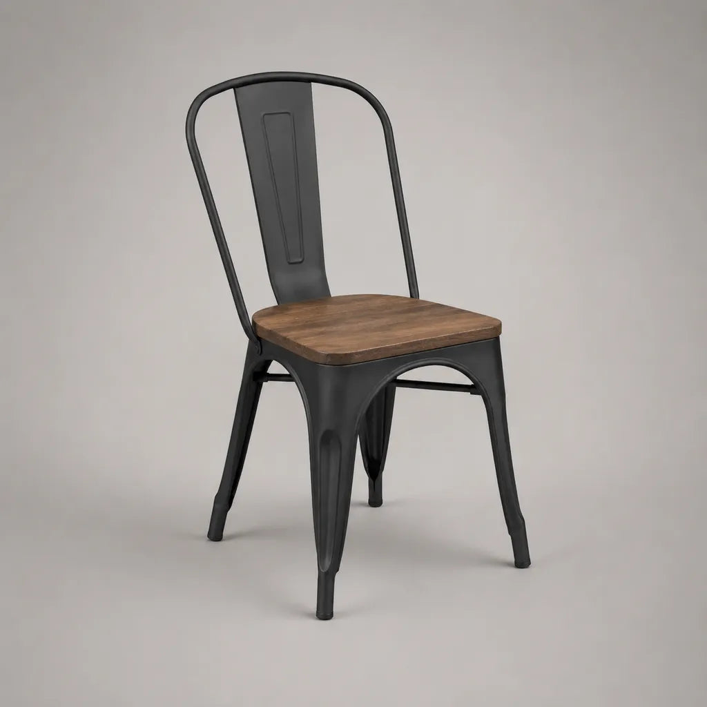 Chaise de salle à manger en acier et bois massif, dossier arrondi, noir et brun, 45 × 52 × 84 cm