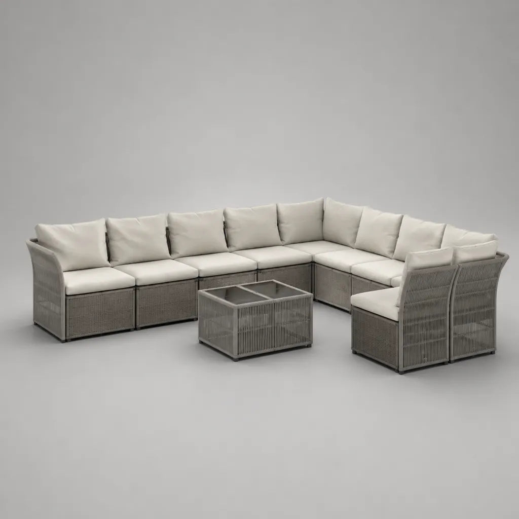 Ensemble de jardin modulable 8 places avec table basse, 9 pièces en aluminium et corde polyester, gris et beige, 360 × 288 × 76 cm