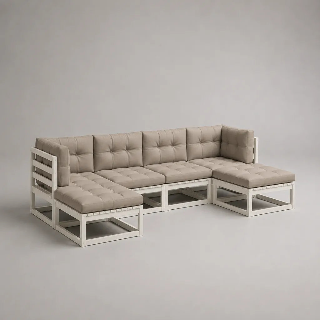 Canapé de jardin modulable 4 places en bois et tissu, configuration en U, blanc et beige, 320 × 160 × 72 cm