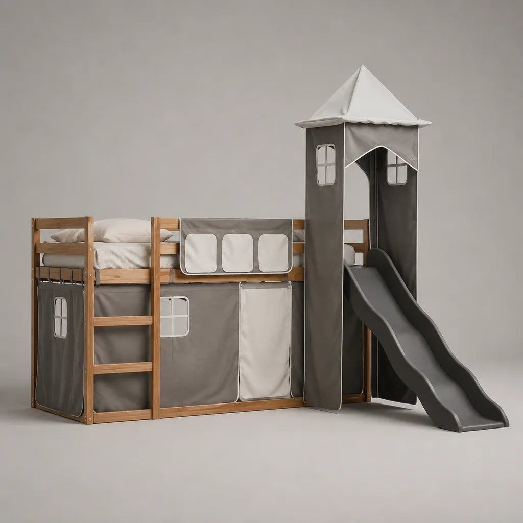 Lit mezzanine pour enfant en bois 90 x 200 cm avec toboggan, tour et rideaux gris et blancs, 208 x 220 x 235 cm