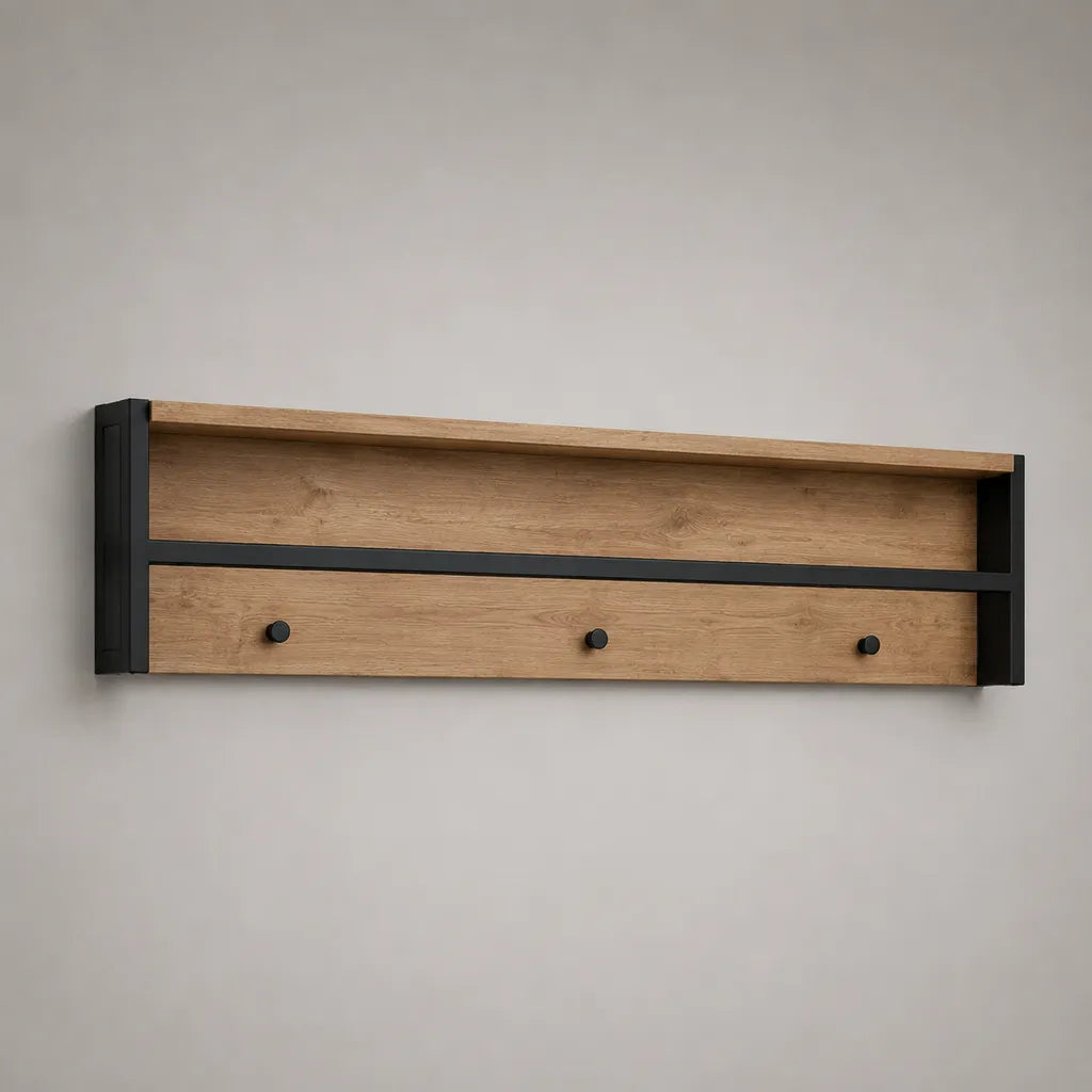 Porte-manteau mural en bois et acier avec étagère et 3 crochets, chêne naturel et noir, 90 × 18 × 25 cm
