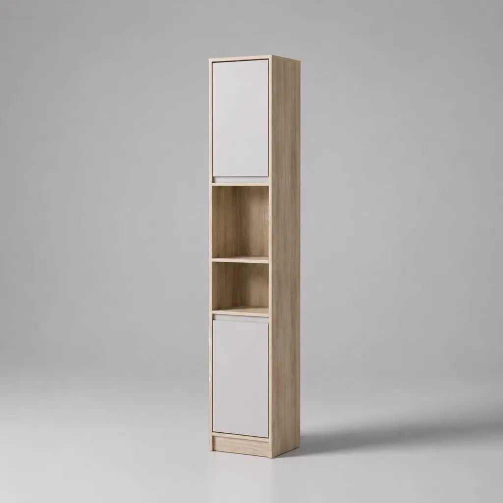 Colonne de rangement sur pied en panneaux de particules, 2 portes et 2 niches, chêne clair et blanc, 30 × 30 × 180 cm