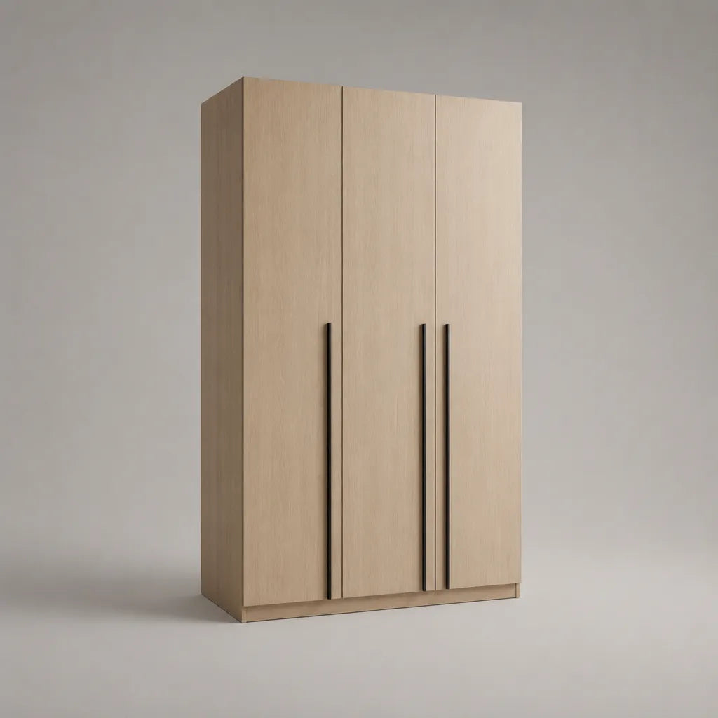 Armoire penderie 3 portes en bois et métal, chêne clair et noir mat, 120 × 50 × 200 cm