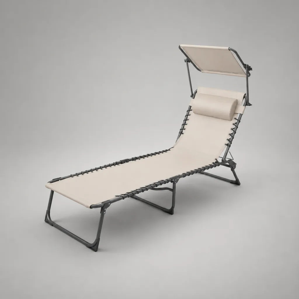 Bain de soleil pliable en acier et polyester beige et gris anthracite avec pare-soleil et coussin, 190 × 70 × 110 cm