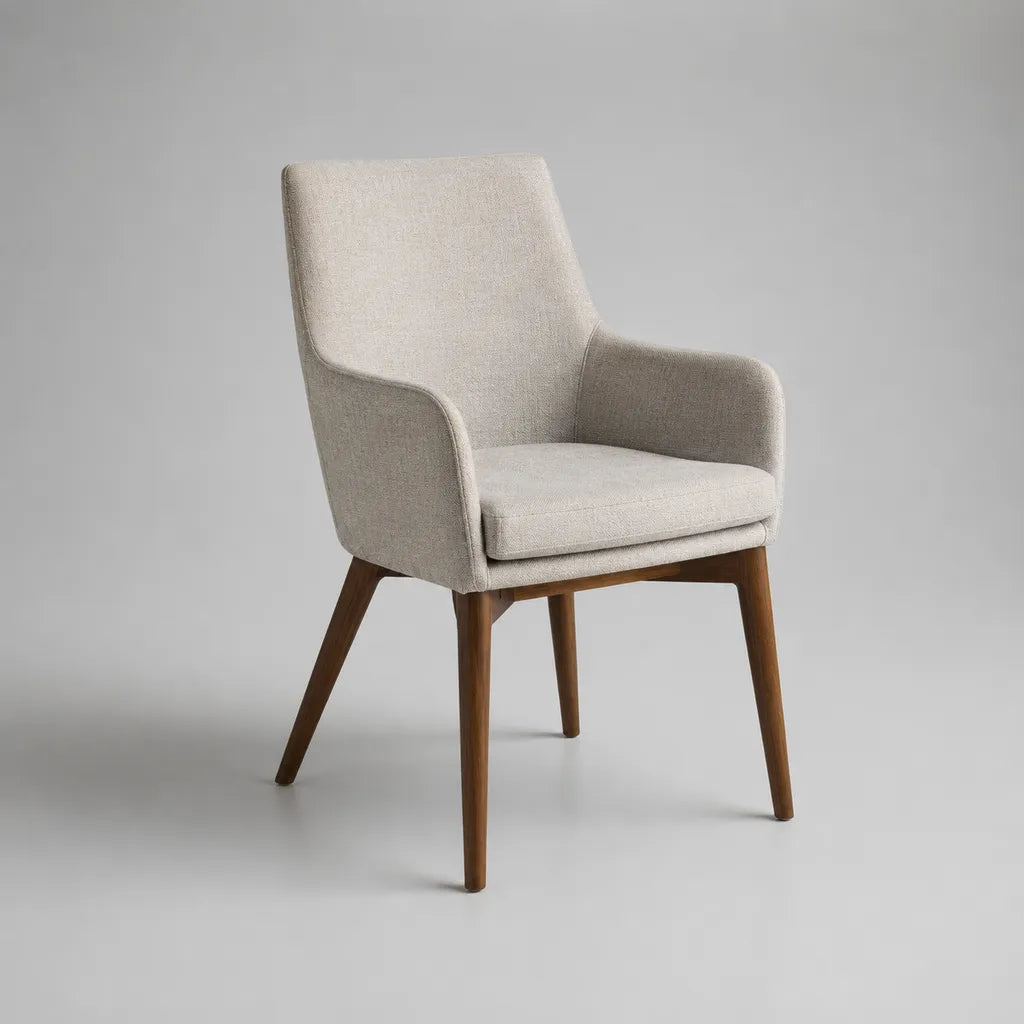 Chaise de salle à manger avec accoudoirs en tissu et bois, beige et marron noyer, 61 × 64 × 87 cm