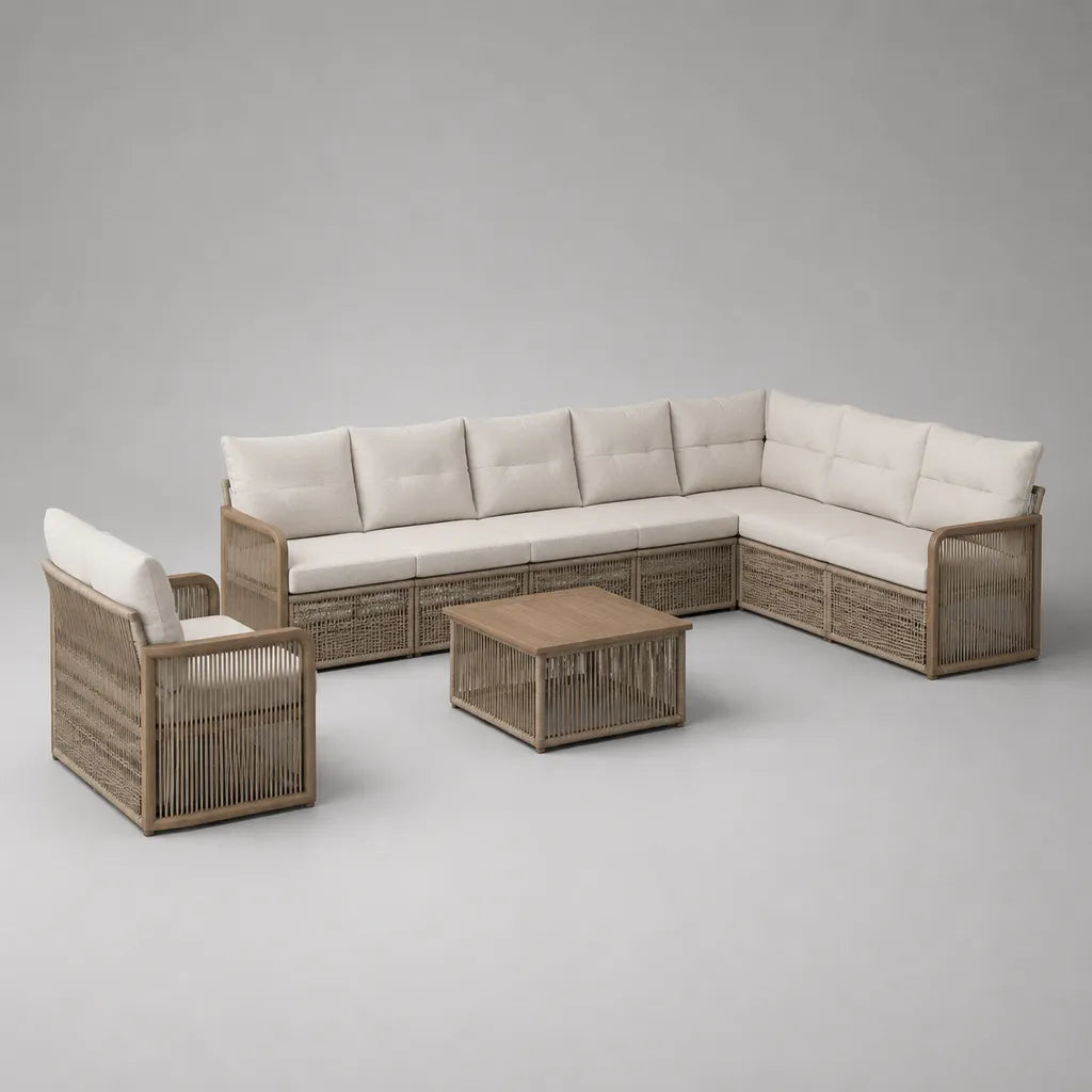 Salon de jardin 3 pièces beige et bois naturel avec canapé d’angle 6 places, fauteuil et table basse en bois et corde, 286 × 220 × 80 cm