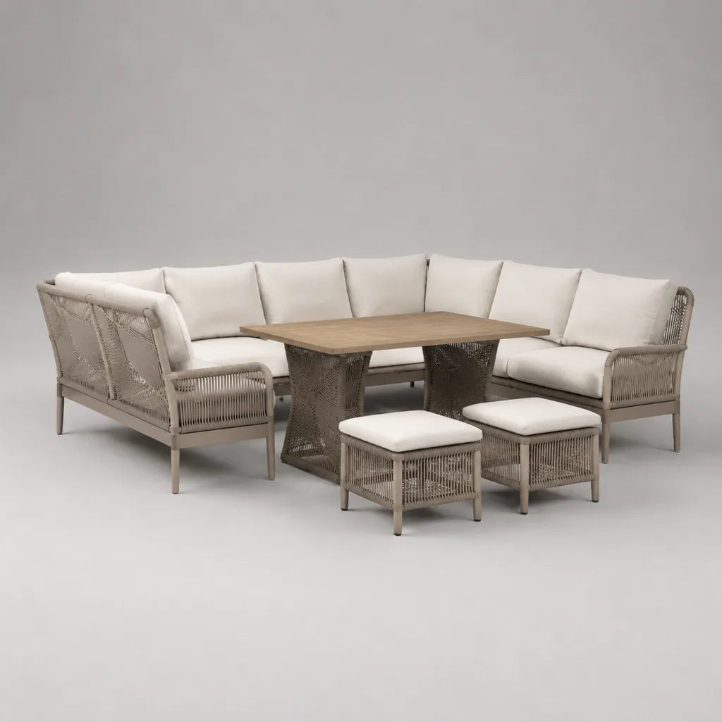 Salon de jardin d’angle 4 pièces avec table et 2 poufs, aluminium et corde en plastique, taupe, beige clair et brun, 250 × 220 × 78 cm
