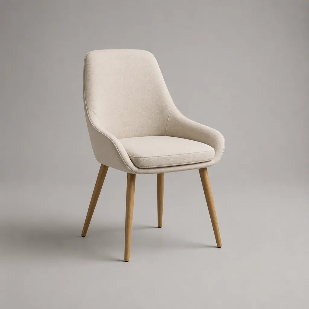 Chaise de salle à manger rembourrée en polyester et bois massif d’hévéa avec accoudoirs, beige et chêne clair, 58 × 61 × 84 cm
