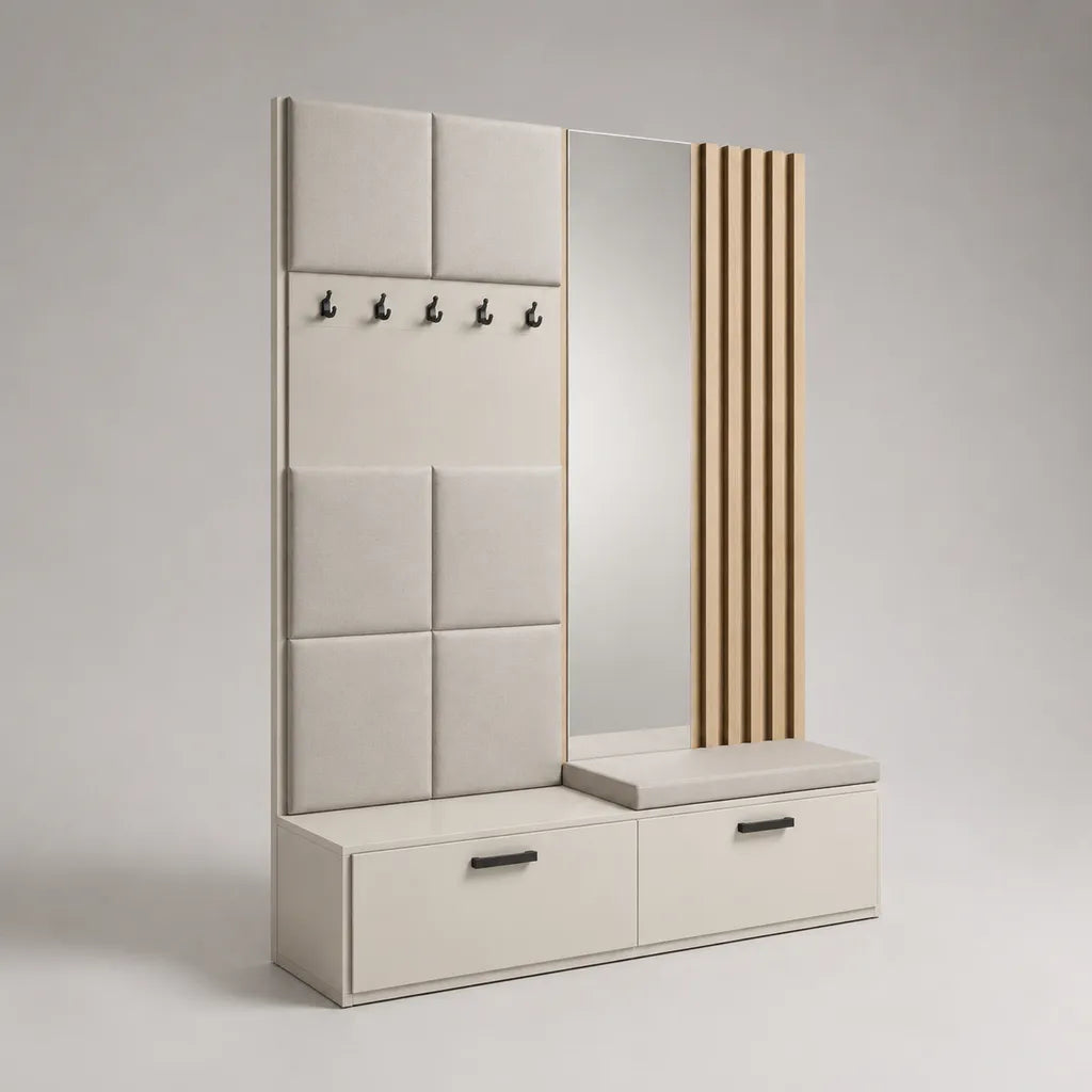 Meuble d’entrée rectangulaire en MDF avec banc, miroir, 5 patères et 2 tiroirs, beige, chêne clair et noir, 100 × 35 × 180 cm